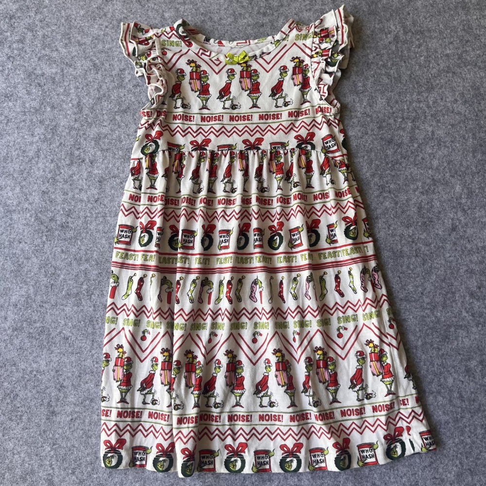 Dr. Seuss The Grinch Holiday Ruffle Dress 7/8 White Red Green Who Hash Print